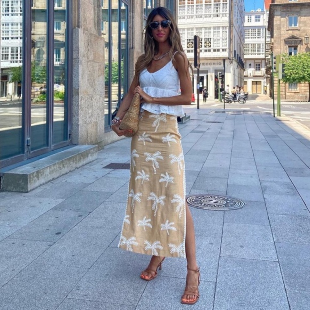 Zara palm tree linen midi skirt